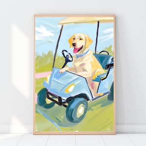 Pies w wózku golfowym, dzieło sztuki Grandmillennial, żółty obraz labradora, wydruk pola golfowego, obraz olejny z nadrukiem golfa, wystrój pokoju dziecięcego, sztuka psa Preppy Boy
