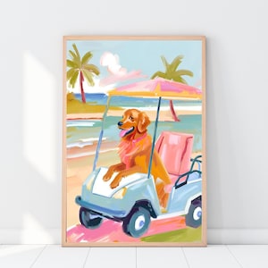 ゴールデンレトリバーのビーチアート、プレッピードッグのプリント、ゴルフカートを運転する犬、ゴルフのアートワーク、バスルームの犬のアート、グランドミレニアルプリント、保育園のビーチ
