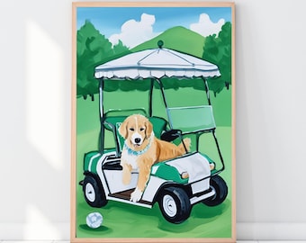 Golden Retriever Art, Preppy Dog Print, Dog Driving Golf Cart, Golf Course Artwork, Bathroom Dog Art, Grand Millennial Print, Masters Golf