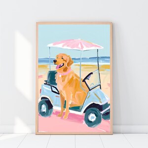 Golden Retriever Beach Art, preppy hondenprint, hond rijdende golfkar, golfbaankunstwerk, badkamerhondkunst, Grand Millennial-print, kinderkamer