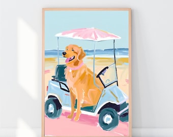 Golden Retriever Beach Art, Preppy Dog Print, Dog Driving Golf Cart, Golf Course Artwork, Bathroom Dog Art, Grand Millennial Print, Nursery