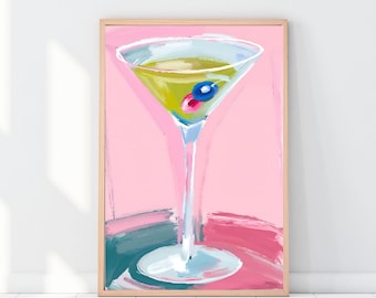 Póster de Martini, Impresión en acuarela, Arte mural de Martini, Impresión de Martini en carrito de bar, Copa de Martini, Póster de cóctel para bar, Arte imprimible, Cóctel retro
