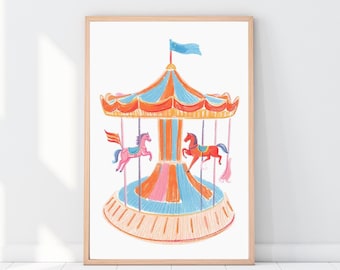 May include: A colorful carousel with a blue and orange striped roof, a blue flag, and three horses. The horses are pink, red, and white.