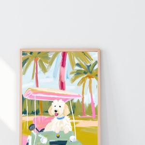 Biały Złoty Doodle w Golf Cart, Wielki Millennial Print, Miniaturowy Chłopiec Doodle Wall Art, Doodle Nursery Print, Labradoodle Mom, Chłopiec Goldendoodle