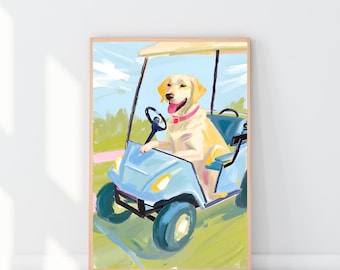 Dog In Golf Cart, Grandmillennial Artwork, Yellow Lab Painting, Golf Course Print, Oil Painting Golf Print, Nursery Decor, Preppy Dog Art