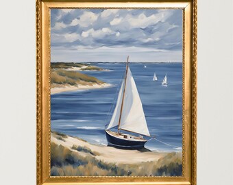 Sailboat Print, Vertical Sailboat painting, Vintage Retro Poster, Minimalist Beach House Decor, Nautical Sailboat Art, Blue Calm Ocean, Sea