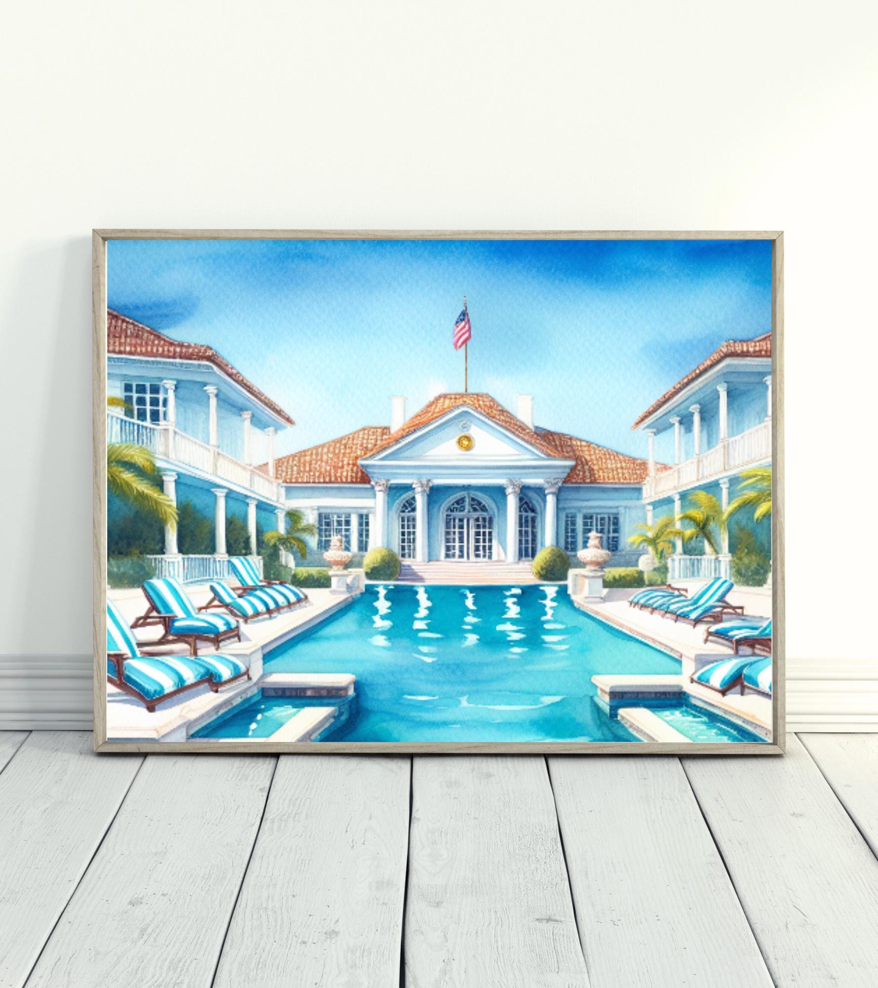 Vacances tropicales, piscine, piscine du country club, impression nostalgie d'été, impression piscine, illustration de piscine aquarelle, jolie piscin