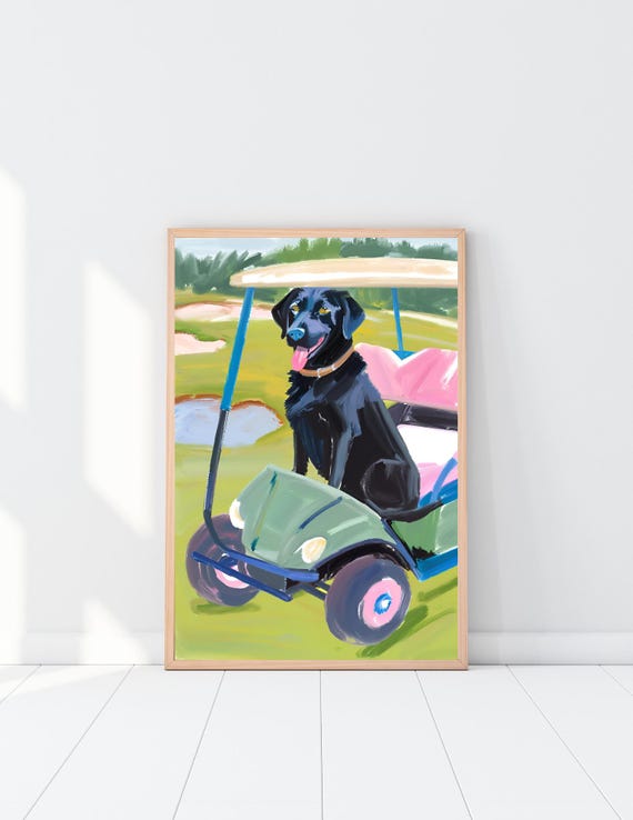 Black Lab in Golf Cart, Golf Lover Digital Download, Grand Millennial Print, Dog Nursery Decor, Black Lab Wall Art, Preppy Golfer Print, Dog