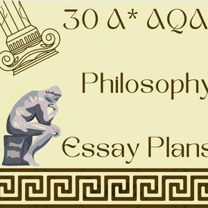 May include: A beige background with a brown Greek key border at the bottom. The text "30 Δ* ΔΩΔ" is at the top of the image. The text "Philosophy Essay Plans" is in the center of the image. A drawing of a column is in the top left corner. A drawing of the "Thinker" statue is in the bottom left corner.