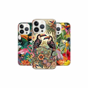 Coque de portable oiseaux tropicaux toucan multicolore pour iPhone 16 15Pro, 14, 13, 12, 11, Pixel 9, 8, 7A, 6A, Samsung Galaxy S24 Ultra, S23