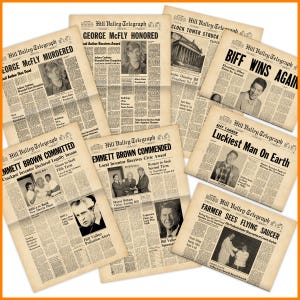 Powrót do przyszłości - gazeta Hill Valley Telegraph z 8 pierwszymi stronami