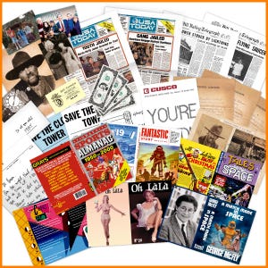 Pode incluir: Uma coleção de itens vintage, incluindo jornais, revistas e fotografias. Títulos como "Youth Jailed" e "Gang Jailed" são visíveis, juntamente com o texto "Grays Sports Almanac 1950-2000". A paleta de cores inclui vermelho, amarelo e preto.