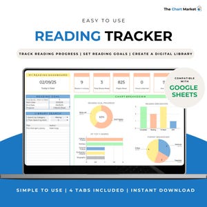 May include: A laptop screen displaying a Google Sheets spreadsheet template for tracking reading progress. The template has four tabs: "My Reading Dashboard", "Reading Goal", "Library Search", and "Chart Breakdown". The spreadsheet includes sections for tracking books read, pages read, hours listened, and reading goals. The template is compatible with Google Sheets.