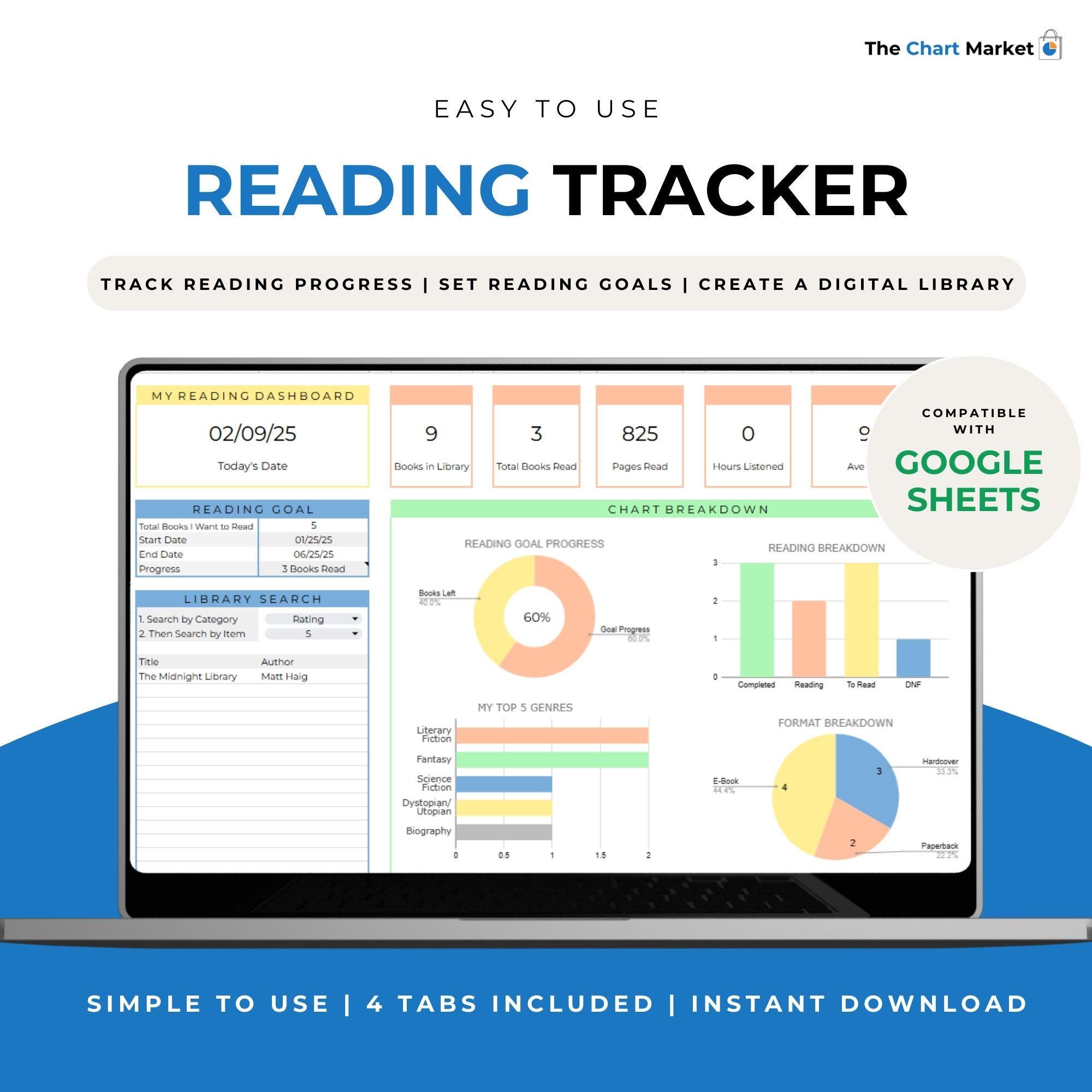 Fogli Google per la biblioteca personale, Book Tracker 2025, Elenco di lettura, Foglio di calcolo del diario digitale, Registro delle raccolte, Modello di serie di audiolibri