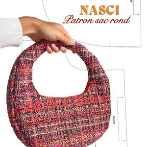 May include: A red, pink, and black tweed fabric handbag with a round shape and a single handle. The bag is labeled "NASCI Patron sac rond".