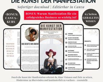 May include: A digital product cover with a woman in a red hat and a floral background. The cover features the text "Die Kunst der Manifestation" and "Sofortiger download | Editierbar in Canva".