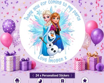 24 Personalised Frozen  -  Party/ Birthday stickers / Sweet Cones/ Party favours /Cupcake/ Party bag Stickers