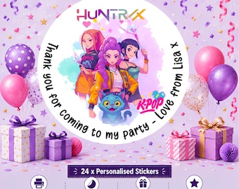 May include: A circular sticker featuring three illustrated characters and a blue cat with the text HUNTRX, K-POP, and Thank you for coming to my party - Love from Lisa x. The design includes balloons, gift boxes, and confetti on a light purple background.