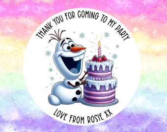24 Personalised Olaf - Frozen Party/ Birthday stickers / Sweet Cones/ Party favours /Cupcake/ Party bag Stickers