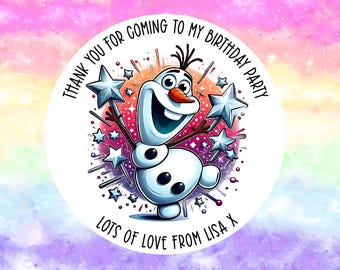 24 Personalised Olaf - Frozen Party/ Birthday stickers / Sweet Cones/ Party favours /Cupcake/ Party bag Stickers