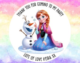24 Personalised Frozen - Anna & Olaf Party/ Birthday stickers / Sweet Cones/ Party favours /Cupcake/ Party bag Stickers