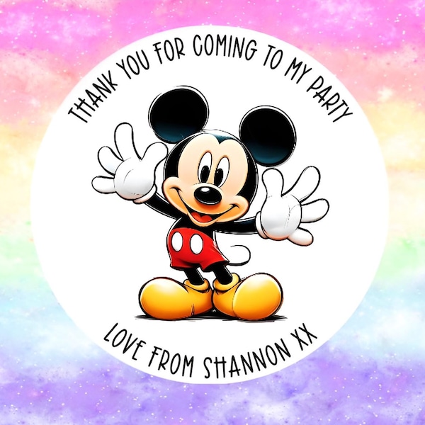 24 Personalised Mickey Mouse -  Party/ Birthday stickers / Sweet Cones/ Party favours /Cupcake/ Party bag Stickers