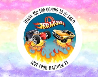 24 Personalised Hot Wheels Party/ Birthday stickers / Sweet Cones/ Party favours /Cupcake/ Party bag Stickers