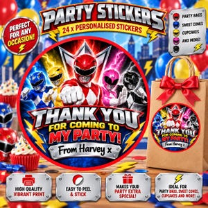 May include: A set of 24 personalised round stickers featuring five Power Rangers characters in blue, yellow, red, pink, and black suits. The text reads PARTY STICKERS, THANK YOU FOR COMING TO MY PARTY! From Harvey x, and includes a brown paper gift bag.