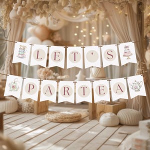 Striscione per il tè del pomeriggio / Clipart modificabile per il tè del pomeriggio / Tazze da tè acquerellate, tazze da tè con rose, decorazioni vintage per il tè del pomeriggio / Striscione stampabile per la cameretta dei bambini