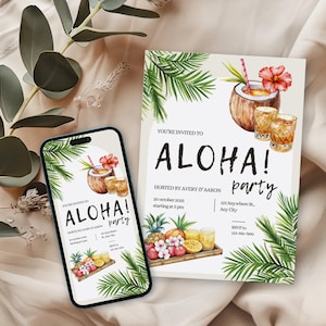 Aloha party invitation, Luau birthday, Printable editable Canva Invite Template, Pineapple invitation, Tropical Hawaii party