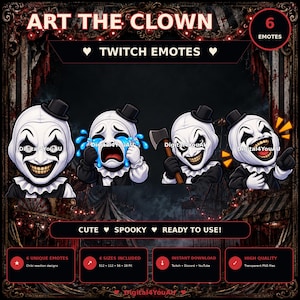 Może przedstawiać: Zestaw sześciu cyfrowych emotek przedstawiających Art the Clown w różnych wyrazach twarzy, w tym płaczącego niebieskimi łzami, trzymającego topór i śmiejącego się. Tekst zawiera ART THE CLOWN, 6 EMOTES, TWITCH EMOTES, CUTE SPOOKY READY TO USE, 6 UNIQUE EMOTES, 4 SIZES INCLUDED, INSTANT DOWNLOAD oraz HIGH QUALITY.