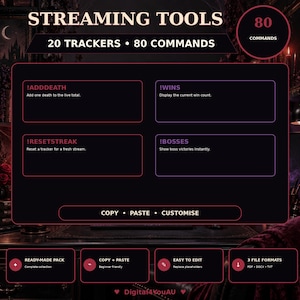 Könnte beinhalten: Ein digitales Streaming-Tool-Paket mit 20 Trackern und 80 Befehlen. Die dunkle Benutzeroberfläche zeigt Text wie !ADDDEATH, !WINS, !RESETSTREAK und !BOSSES mit Beschreibungen. Das Layout enthält Abschnitte zum Kopieren, Einfügen und Anpassen.