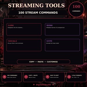 Può includere: Una visualizzazione grafica digitale intitolata STREAMING TOOLS 100 STREAM COMMANDS. Presenta quattro caselle di comando etichettate !LURK, !BONK, !SOCIALS e !HYPE con descrizioni, un pulsante COPY PASTE CUSTOMISE e quattro icone in basso per 100 comandi, copia e incolla, facile da modificare e 3 formati di file.