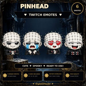 May include: A digital set of six Pinhead character Twitch emotes featuring chibi-style designs. The graphics include various facial expressions such as crying, heart eyes, and smiling, all set against a dark, ornate background with text.