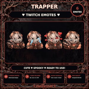May include: A set of six digital Twitch emotes featuring a character wearing a cracked, metallic mask and brown leather gear. The emotes display various expressions including holding a bear trap, crying, and surrounded by floating red hearts.
