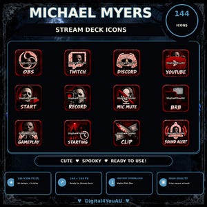 Peut inclure: Une collection numérique de 144 icônes de stream deck sur le thème de Michael Myers avec des graphismes rouges et noirs inspirés de l'horreur. L'ensemble comprend divers boutons étiquetés tels que OBS, Twitch, Discord, YouTube, Start, Record, Mic Mute, BRB, Gameplay, Starting, Clip et Sound Alert.
