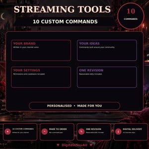 May include: A dark-themed digital graphic titled STREAMING TOOLS 10 CUSTOM COMMANDS. It features four text boxes labeled YOUR BRAND, YOUR IDEAS, YOUR SETTINGS, and ONE REVISION, with a bottom section detailing 10 custom commands, made to order, one revision, and digital delivery.