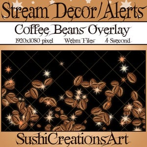 3 Animated Stream Decoration: Kawaii Coffee Beans Confetti Twitch Overlay, Cozy Cappuccino Alert Donations Gift Subs Cheer Tip Sub Follower