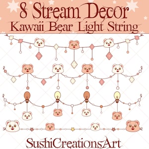 Animated Stream Decoration: Kawaii Brown White Teddy Bear Twinkle Light String Twitch Overlay, Flashing Bear Light Chain Alert Vtuber Asset