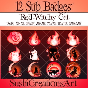 Insignias de suscripción de Spirit Red Blood Witch Cat Moon, insignia de lealtad de llama con estética de bruja, superposición de gatito para Twitch, Vtuber, Discord