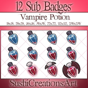 12 Vampire Blood Bottle Sub Badges Goals, Gothic Bat Potion Bit Pack, Vampire Teeth Twitch Tier Badge Overlay Streamer Kick, Vtuber, Discord