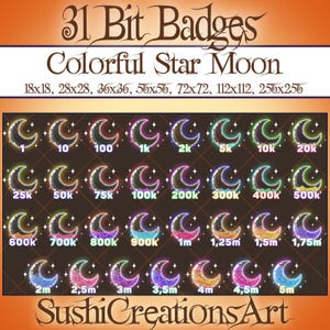 31 Kawaii Liquid Colorful Star Moon Twitch Bit Badges, Celestial Galaxy Sub, Shining Crescent Twitch Overlay Stream Gamer Vtuber OBS Youtube