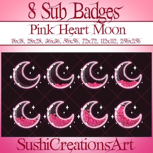 8 insignias de suscripción de luna y corazón de amor rosa, objetivos de insignias de bits de Sweet Starry Night, superposición de Twitch de media luna de San Valentín, Kick Vtuber Discord
