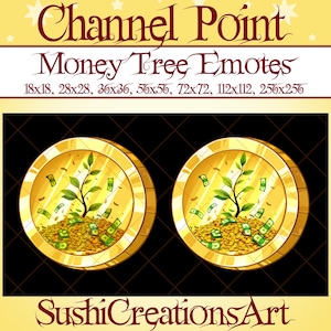 2 Kawaii Money Tree Channel Point, Dollars Gold Coin Sub Bit Badges Goals, Treasure Icon Emotes, Twitch Overlay Streamer Kick Vtuber Discord