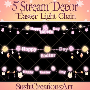 5 Animated Stream Decoration: Happy Easter&#39;s Day Light String Twitch Overlay, Flashing Bunny Chick Egg Carrot Light Chain Alert Vtuber Asset