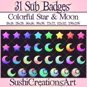 Kawaii Colorful Star Moon Twitch Sub Badges, Starry Sky Celestial Bit Pack, Zodiac Astronomy Twitch Overlay Stream Gamer Vtuber OBS Youtube