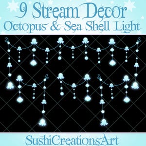 9 animierte Stream Dekoration: Blau Octopus Sea Shell Pearl Twinkle Lichterkette Twitch Overlay, Mermaid Ocean Beach ClamAlert Vtuber Assent
