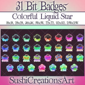 31 Kawaii Liquid Colorful Star Twitch Bit Badges, Celestial Galaxy Pack Sub, Starry Sparkles Twitch Overlay Stream Gamer Vtuber OBS Youtube