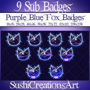 9 Galaxy Purple Blue Fox Head Sub Badges, Sparkles Liquid Bottle, Moon Kitsune Japanese Twitch Overlay, Stream Gamer Vtuber OBS Youtube Kick