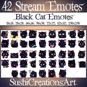 Paquete de 42 gestos de Twitch de Chibi Black Kitty, paquete divertido de emojis de gato lunar, superposición de Twitch de maullidos, nota, amor, llanto, transmisión de Vtuber Discord Youtube...